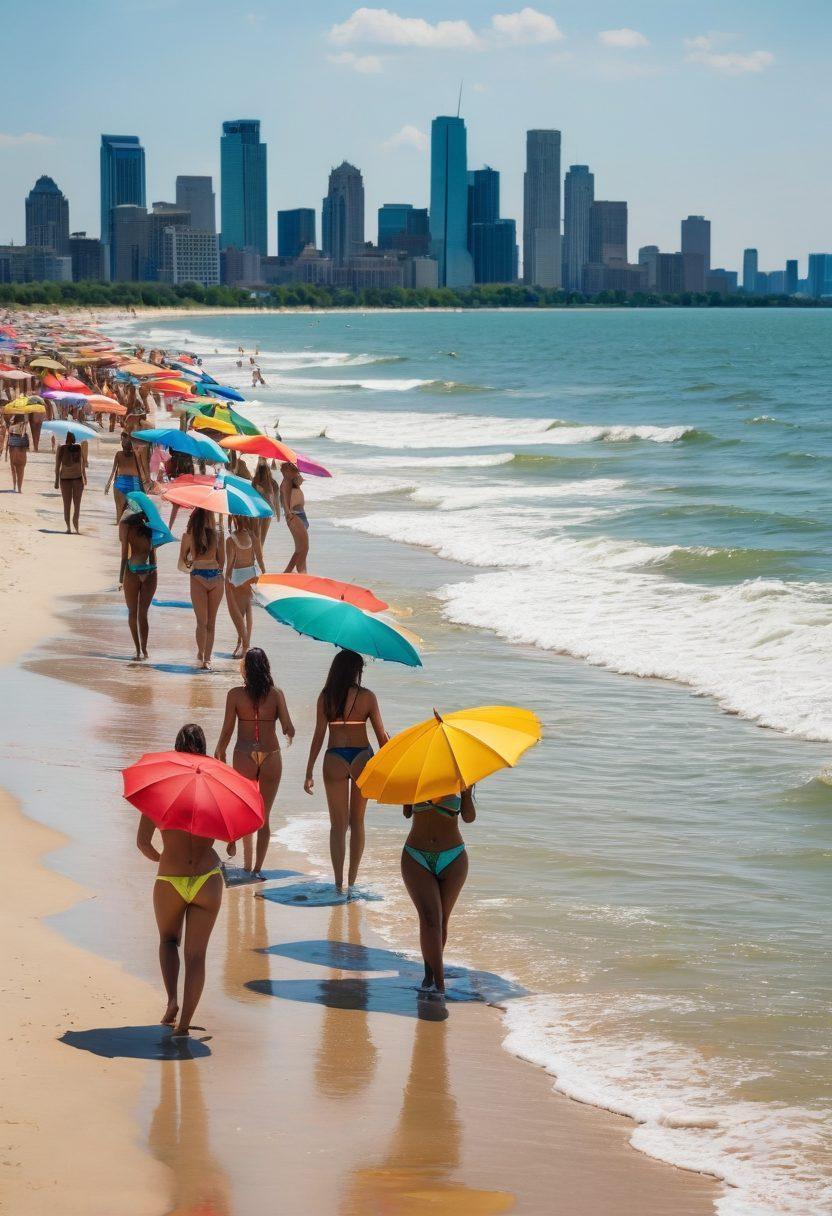 A vibrant beach scene in Detroit during summer, showcasing diverse models in trendy thongs and bikinis, surrounded by colorful beach umbrellas and playful waves. Include the iconic Detroit skyline in the background to highlight the city. The mood is fun and lively, emphasizing summer vibes and fashion trends. Capture the essence of 2023's hottest styles. vibrant colors. super-realistic.